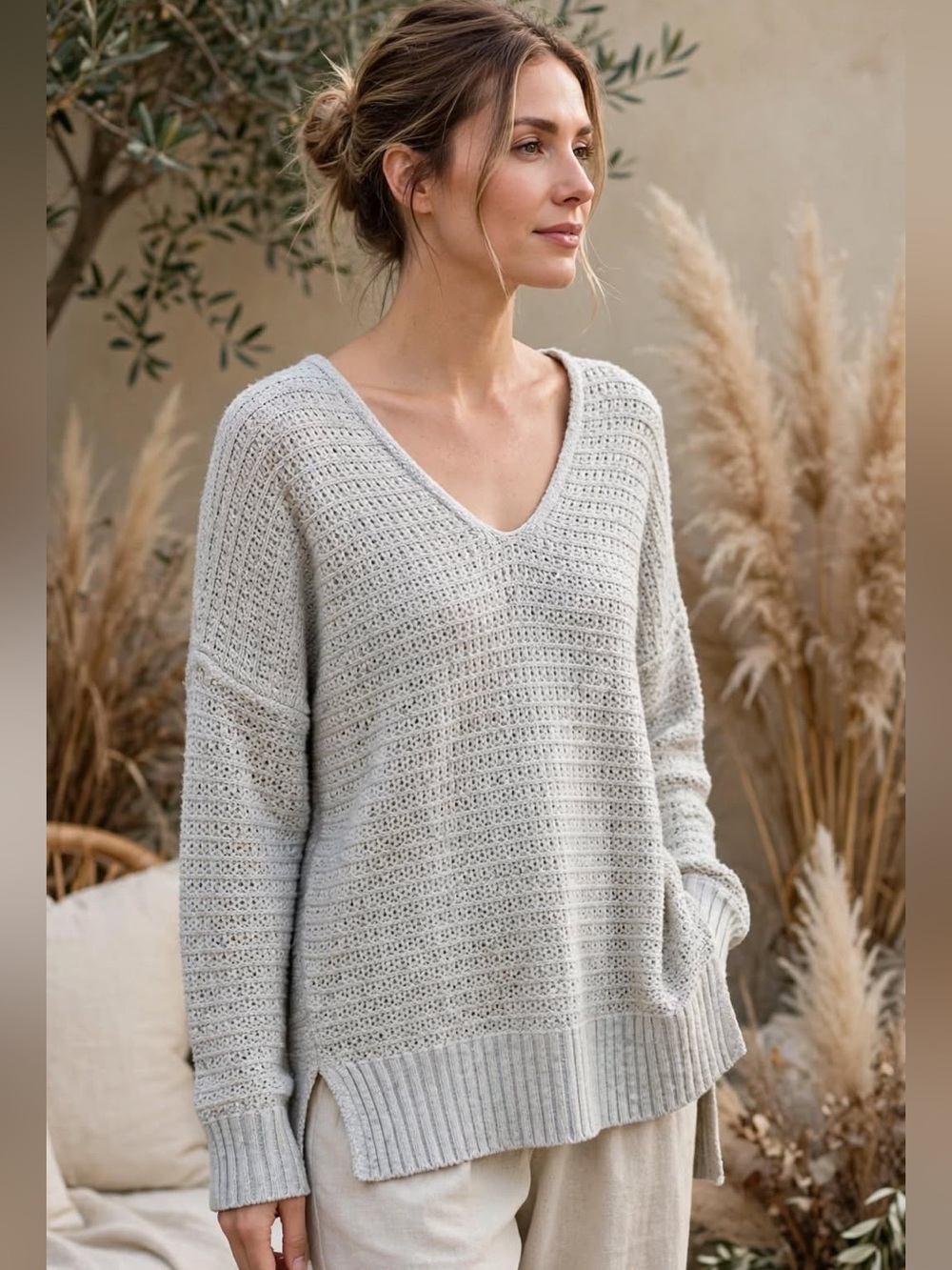 Rachel Zoe Knit summer fall Sweater M Gray Textured V‑Neck Hooded light layer